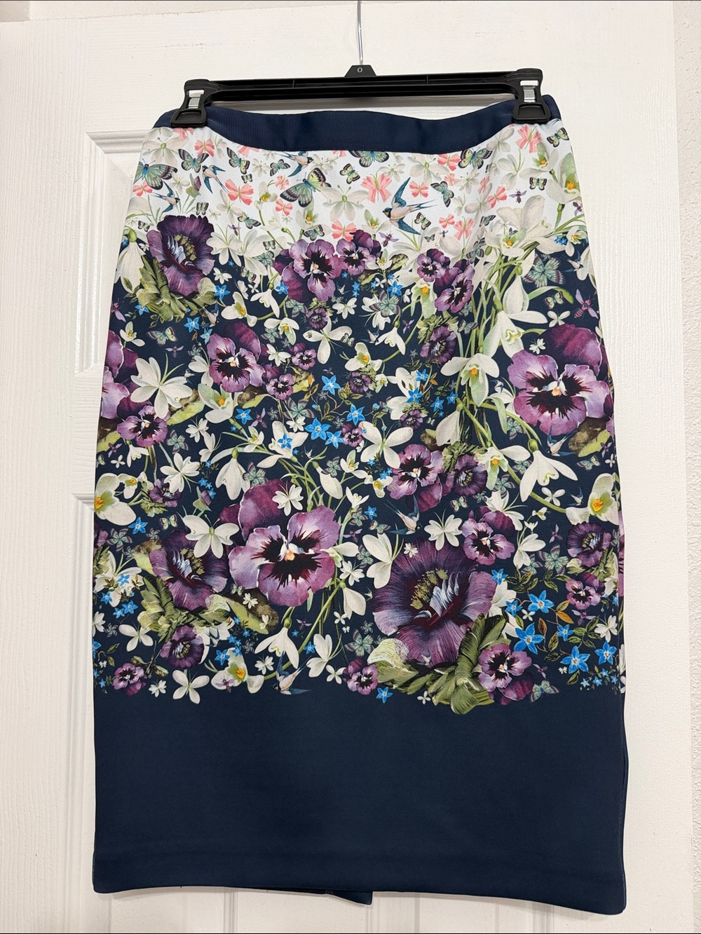 Ted Baker London Navy Floral Pencil Skirt with Purple and White Blooms